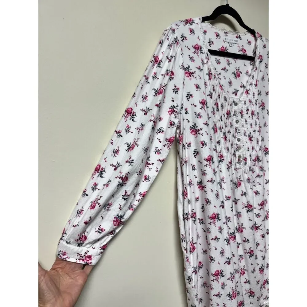 EILEEN WEST Cotton/Rayon Flannel Pintuck Lace Trim Long Sleeve Nightgown, Sz M